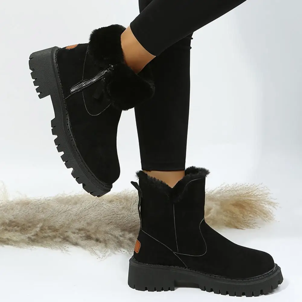 Faux Suede Winter Boots Women’s Faux Suede Winter Ankle Boots with Fuzzy Cuffs Anti-slip Thick Soles Side Zipper for Wear