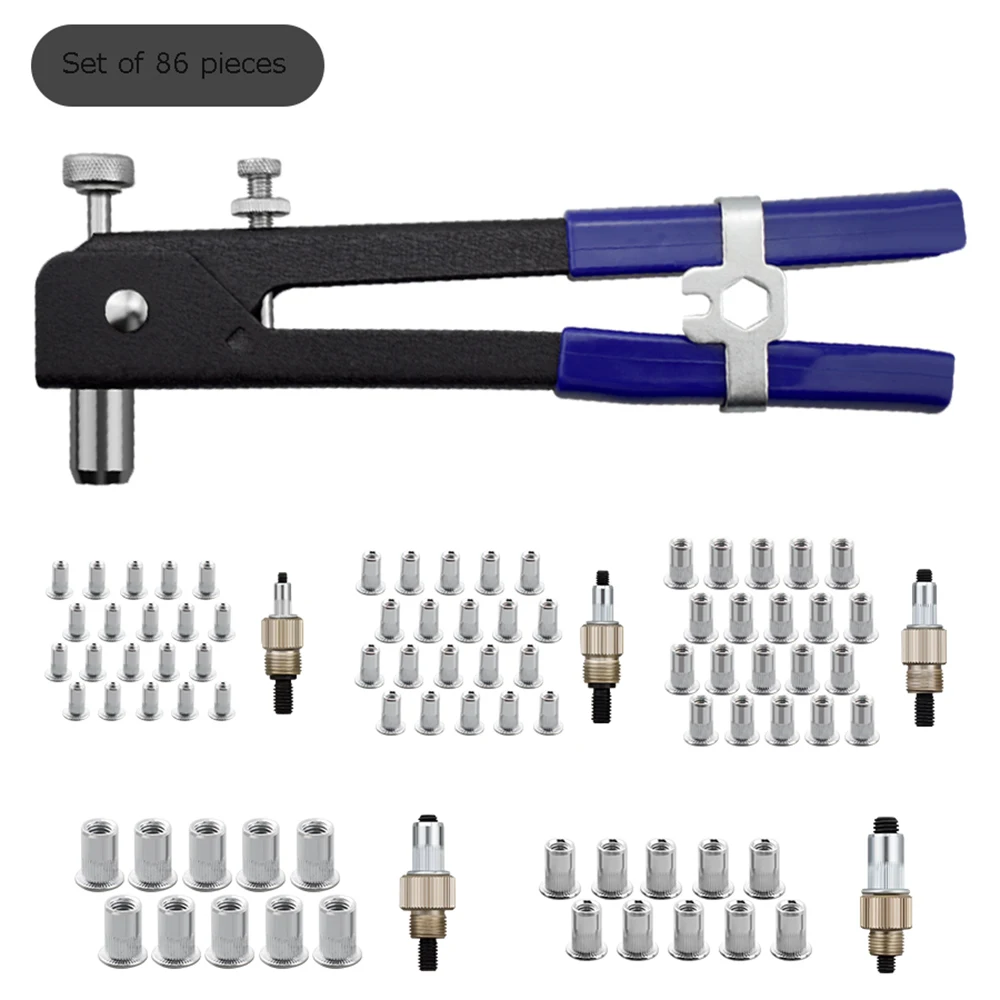 Juego de herramientas para tuercas de remache, 86 Uds., llave de inserción roscada, pistola para tuercas de remache con surtido de tuercas de remache métricas, tuerca de remache ciego, remache manual