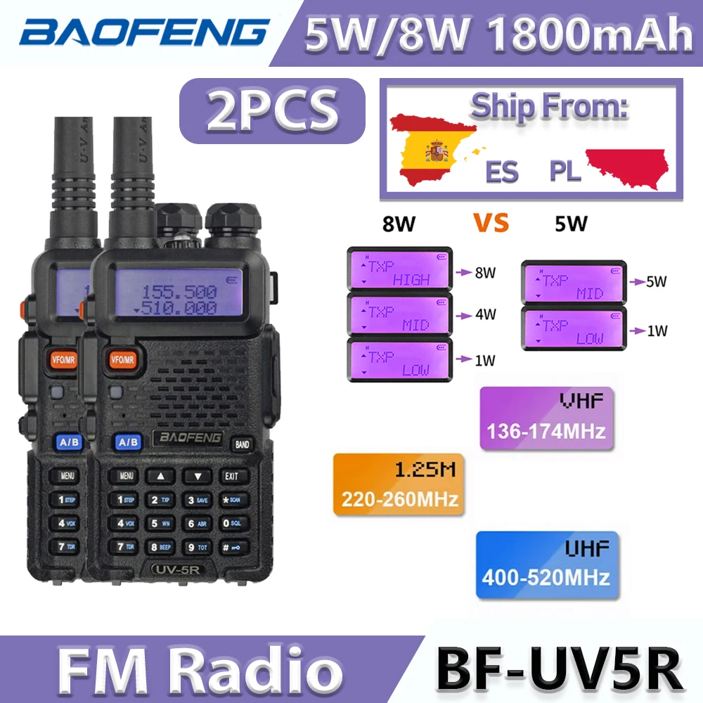 2PCS Baofeng UV-5R 5W 8W Walkie Talkie 1800mAh Tragbare Ham FM Radio VHF UHF dual Band Transceiver Zwei Weg Radio