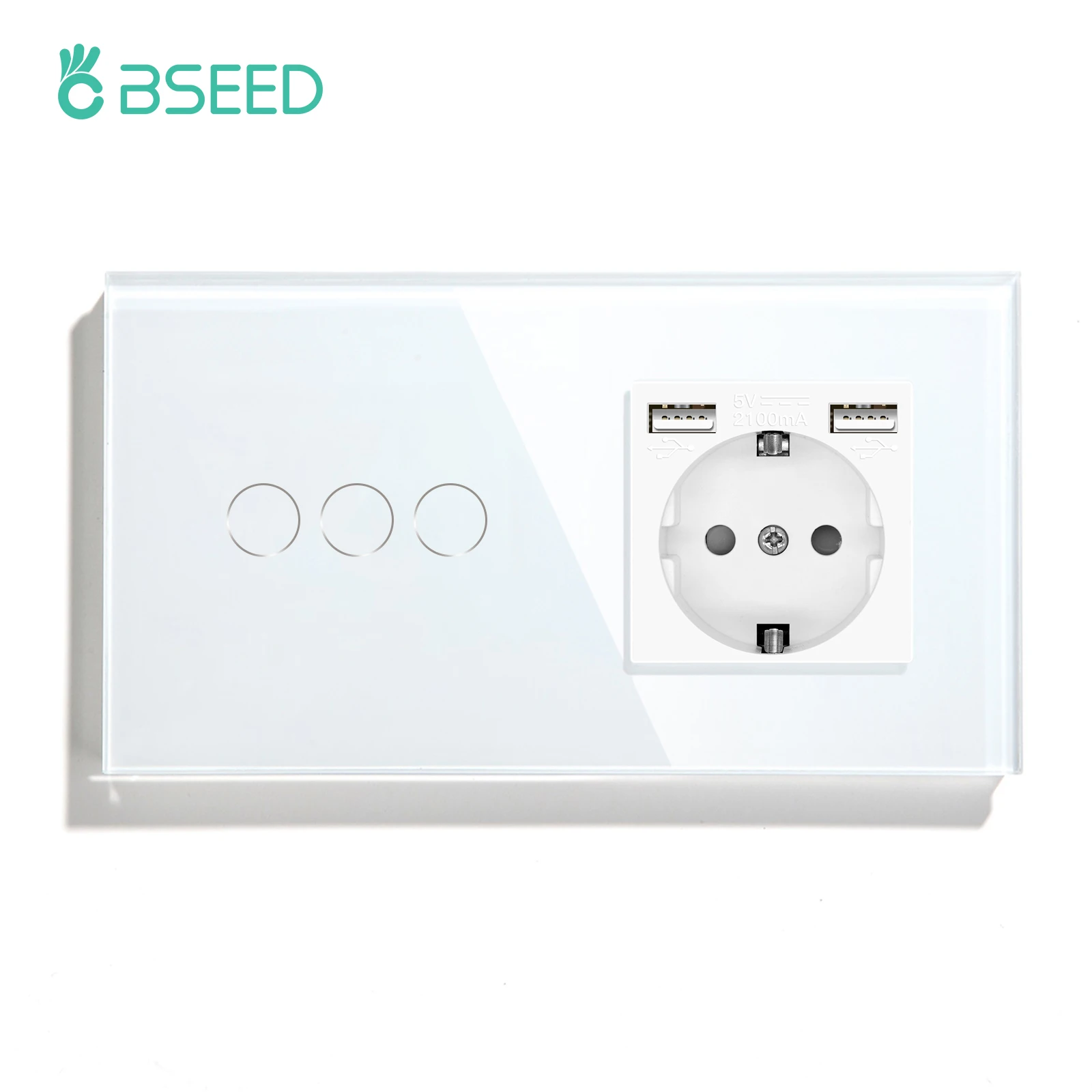 BSEED Touch-Lichtschalter, EU-Standard-Wandsteckdose mit USB Typ-C-Kristallglasscheibe, weiße Farbe, Netzstecker, 1/2/3 Gang-Schalter