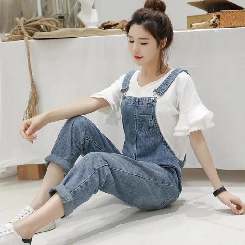 Biyaby Washed Denim Jumpsuit Women Casual High Waist Blue Wide Leg Pants Female 2024 Spring Korean Loose Pockets Jean Overalls