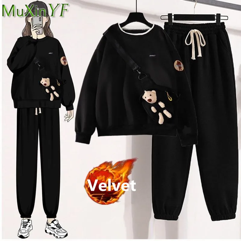 Winter Women\'s Thick Velvet Warm Clothes Korean Fashion Cute Bear Bag Sweatshirt Pants Black Set Casual Sports Trouser Tops Suit