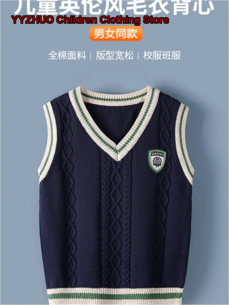 Kids Waistcoat Spring Autumn Older Kids Pure Cotton V-Neck Boys Girls Elementary School Students Preppy Style Knit Vest
