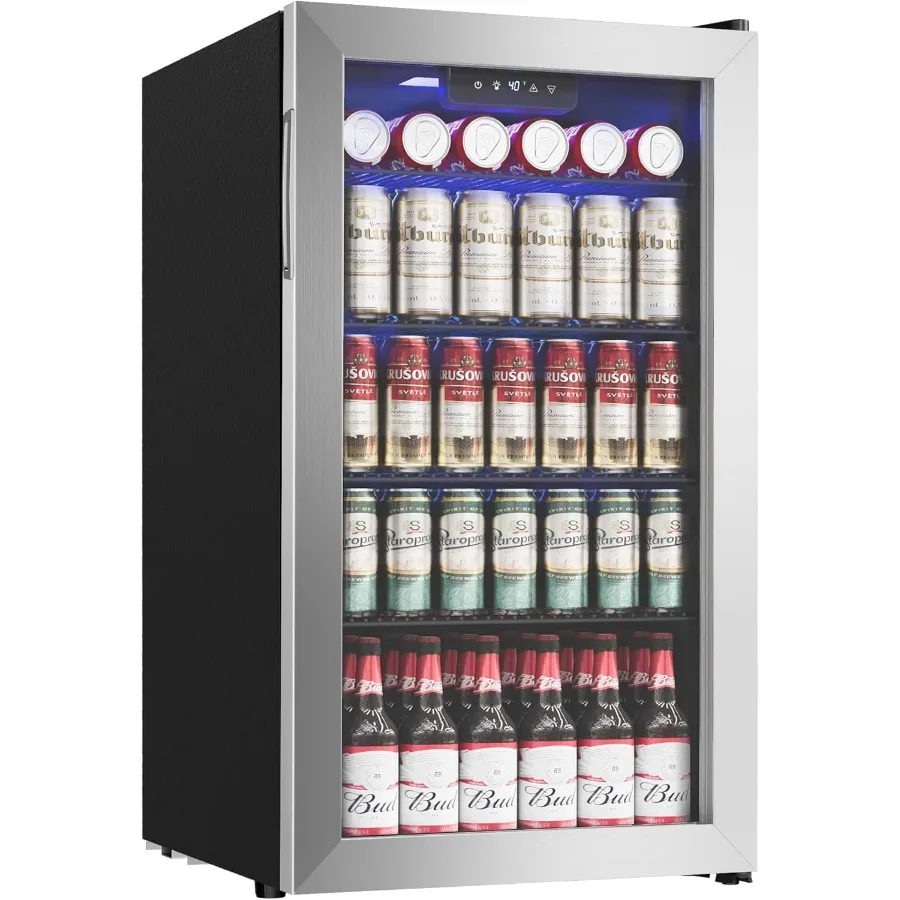 

126 Can Mini Beverage Refrigerator Cooler with Glass Door for Soda Beer or Wine Storage in Home Office or Bar Settings Adjustab