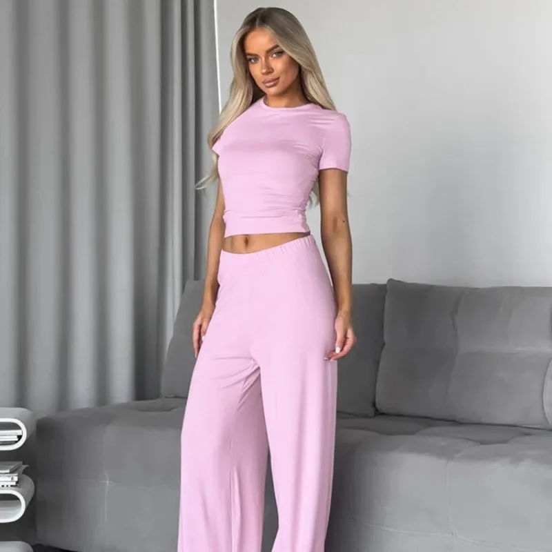 

2025 Spring Summer European American New Comfortable Soft Short Sleeve Long Pants Pajama Set Two Piece Lounge Home Wear L Size