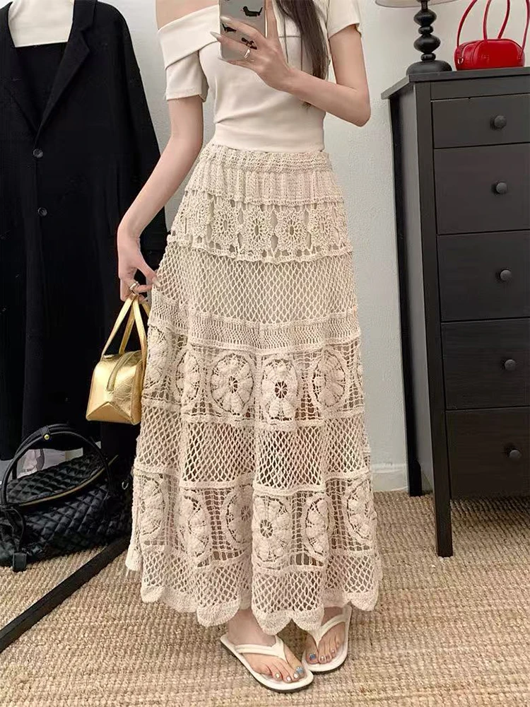 Hollow Out Midi Skirt for Women Korean Chic Crochet A Line Skirts Y2K Female High Waist Bohemian Style All Match Knit Skirts New