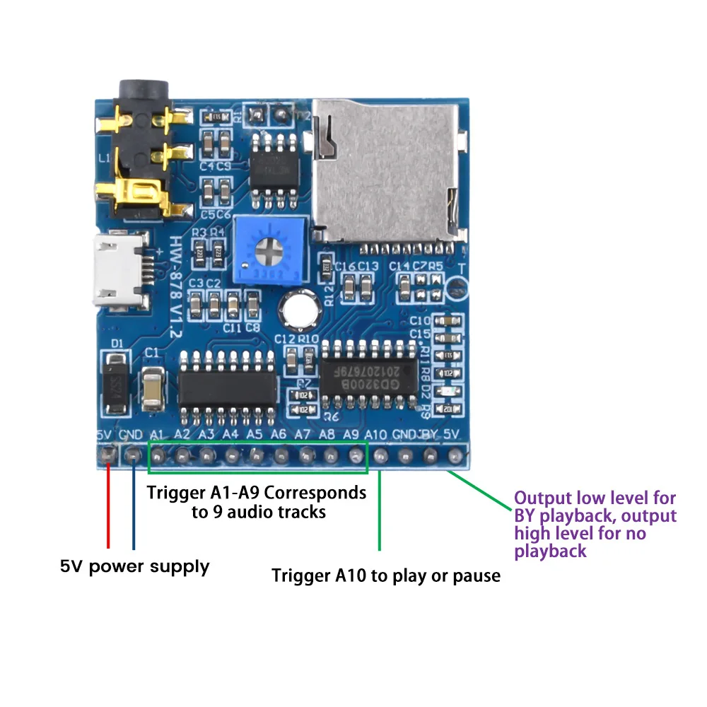 Modul pemutaran suara 5V, pemutar MP3, putaran pemicu modul suara pemicu IO yang cepat, volume pemutaran yang dapat disesuaikan, pin Las