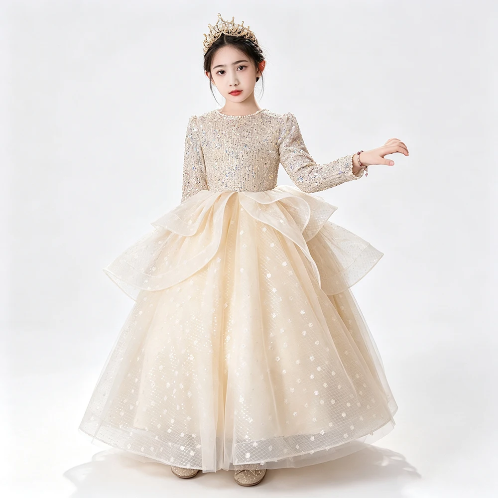 Luxury Long Sleeve Shiny Sequined Evening Pageant Birthday Party Dress For Girls Princess Formal Occasion Performance Ball Gown
