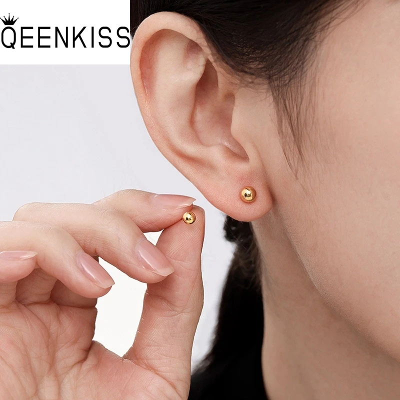 

QEENKISS Gold Ball 4/5mm Matte Shiny Stud Earrings For Women Wedding Party Birthday Christmas Bride Mother Girl Lady Gift EG511