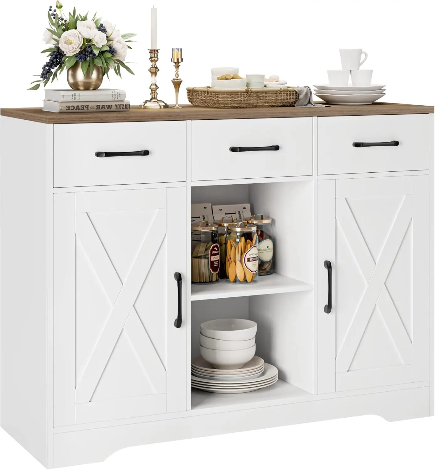 

Modern Farmhouse Buffet Cabinet with Storage, Barn Doors Sideboard Buffet Storage Cabinet with Drawers and Shelves, Wood Coffee