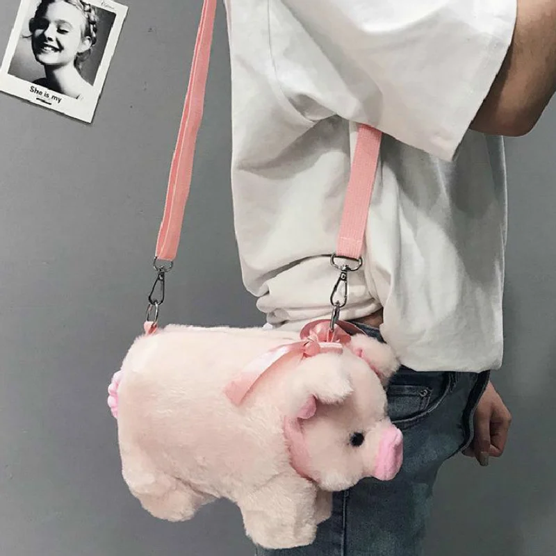 Cute Pig Shoulder Bag Plush Stuffed Animal Crossbody Bags Women Fashion Winter Soft Purse Cartoon Handbags Phone Money Storage