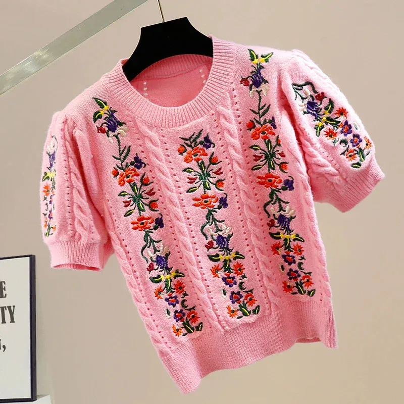 

Vintage Elegant Embroidered Knitted Sweater Tshirt Women Summer Puff Sleeve O-neck Tops Pullovers Stylish Fashion Chic Knitwear