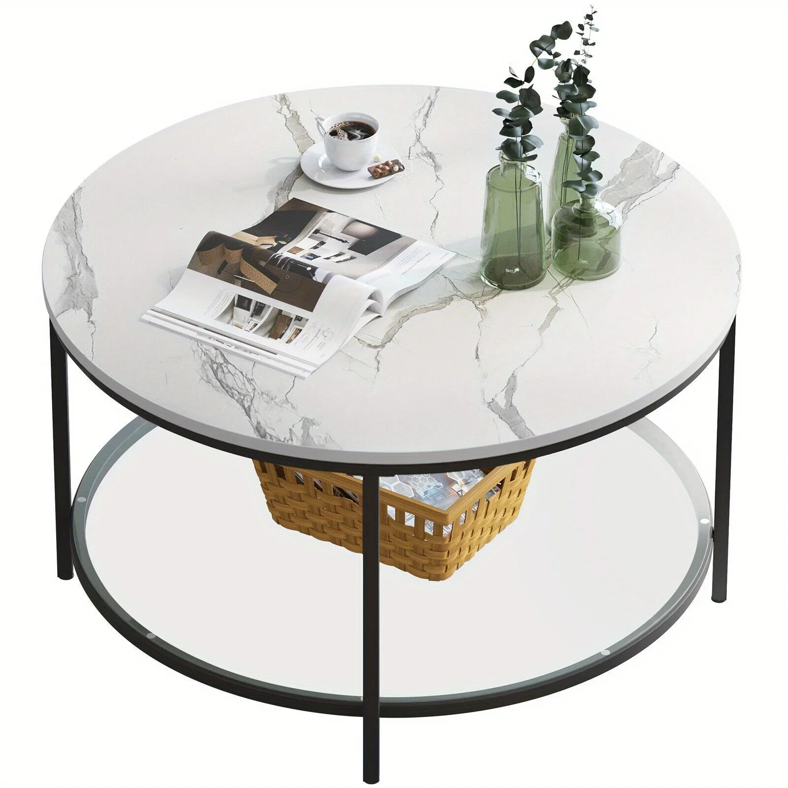 

Faux Marble Round Coffee Table Cocktail Table with Glass Open Storage Shelf