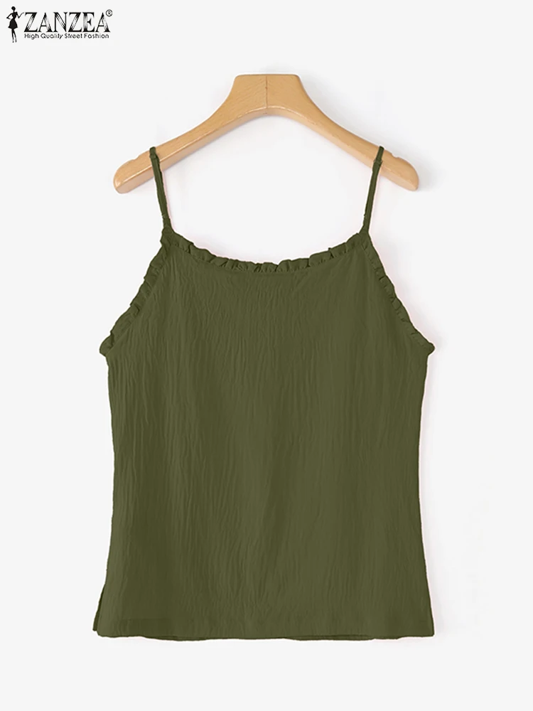 ZANZEA Elegant Women Straps Camis Sleeveless Tanks Tops Summer Tees 2025 Fashion V-Neck Ruffled Solid Shirts Elegant Work Shirts