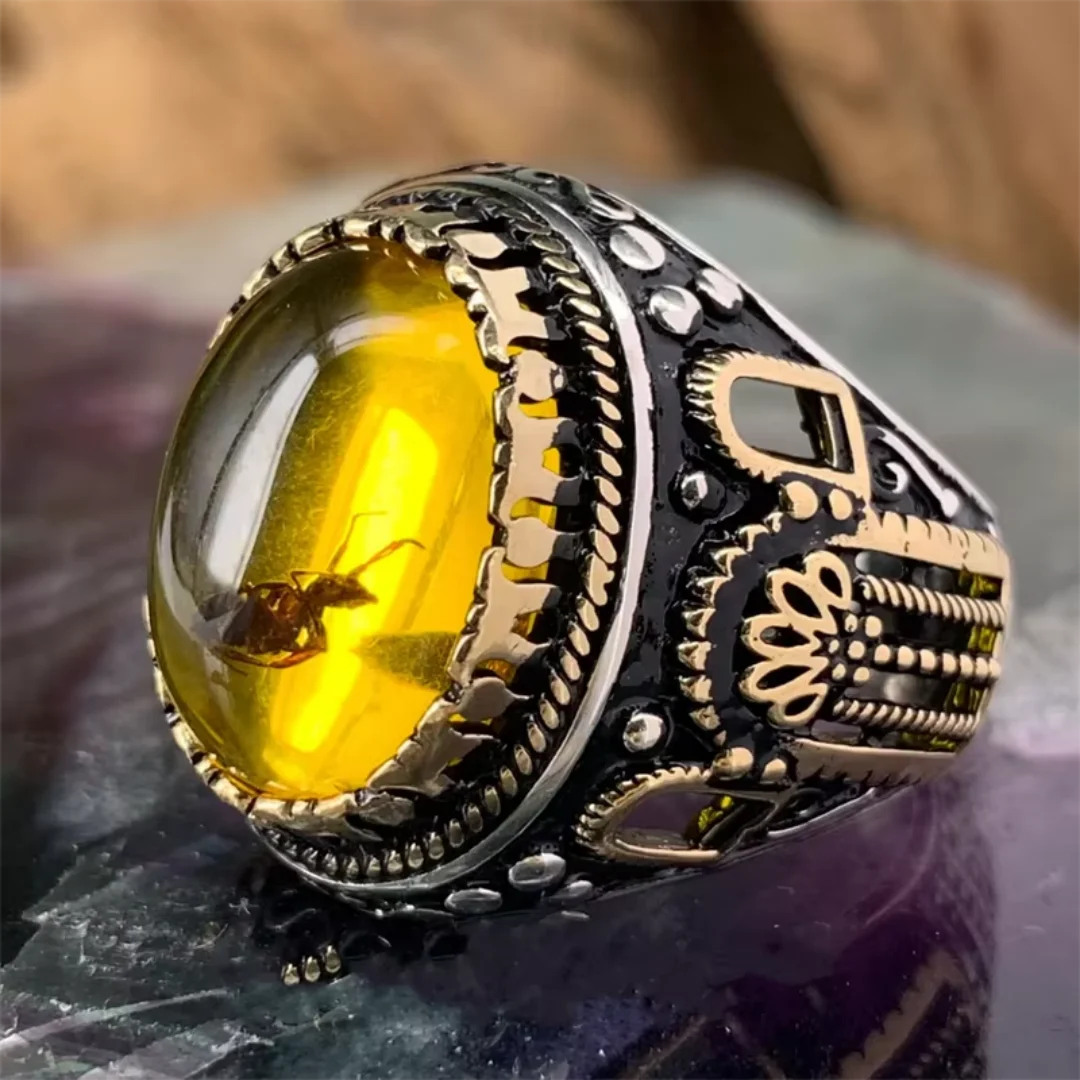 New Ant Amber Men\'s Ring Personality Ring Fashion Temperament Attend Banquet Luxury High Quality Jewelry Insect Hand Jewelry