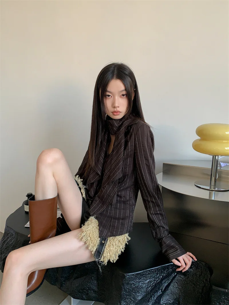 CHEERART Autumn Designer Brown Striped Shirt Women Long Sleeve Top And Blouse Button Up Shirt With Scarf 2024 Fall Fashion