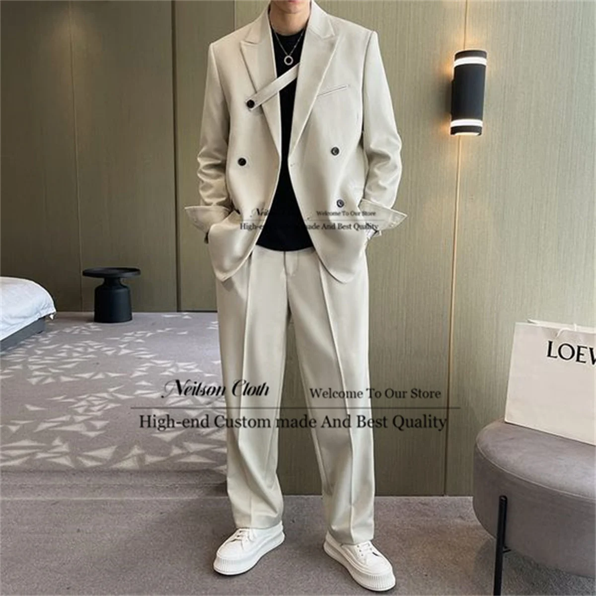 Fashion Double Breasted Male Prom Blazers 2 Pieces Jacket Pants Sets Peaked Lapel Men Suits Casual Loose Terno Masculino