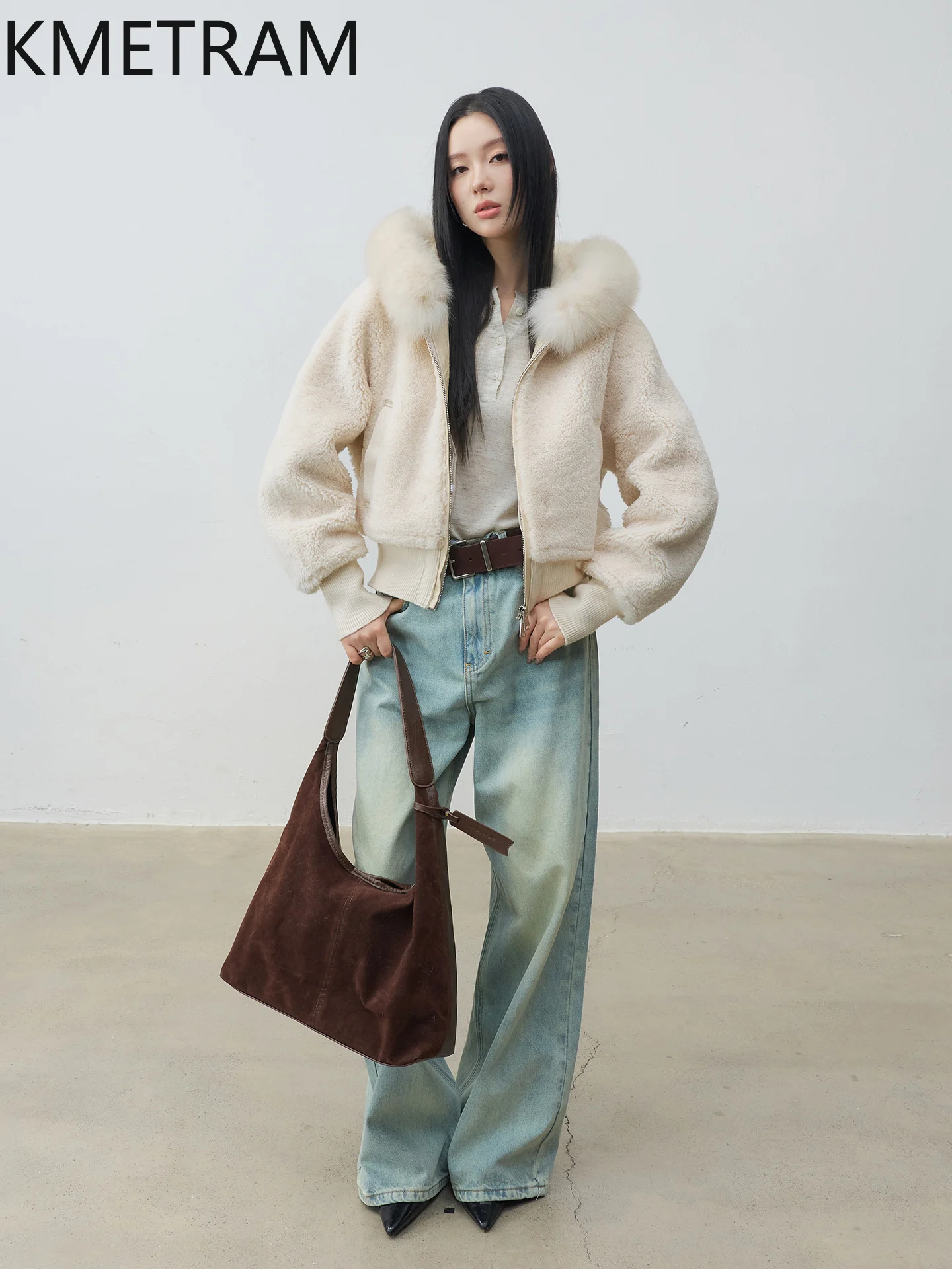 KMETRAM Natural Merino Sheepskin with Wool Attached Coat Hooded Woman Short Real Fur Jacket with Fox Collar 2025 Winter Clothes