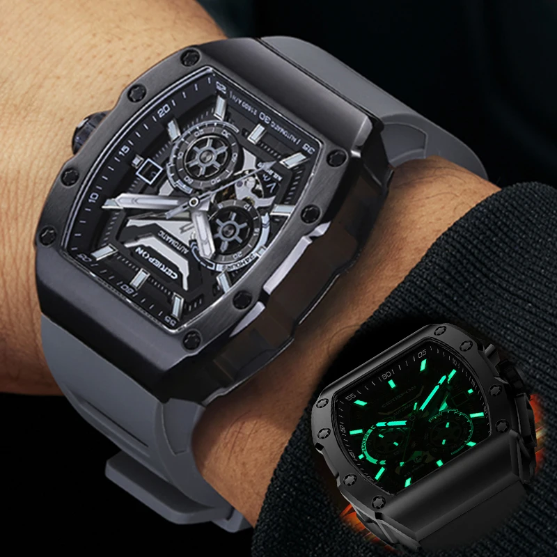 Men's Mechanical Watch Fully Automatic Hollowed Out Luminous 5ATM Waterproof Wine Barrel Shaped CERIEPON