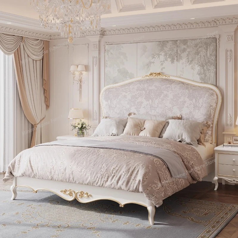 

French Retro Solid Wood Bed European High-End Fabric Princess Double Bed American Luxury Bedroom Furniture Fauteuil Lit