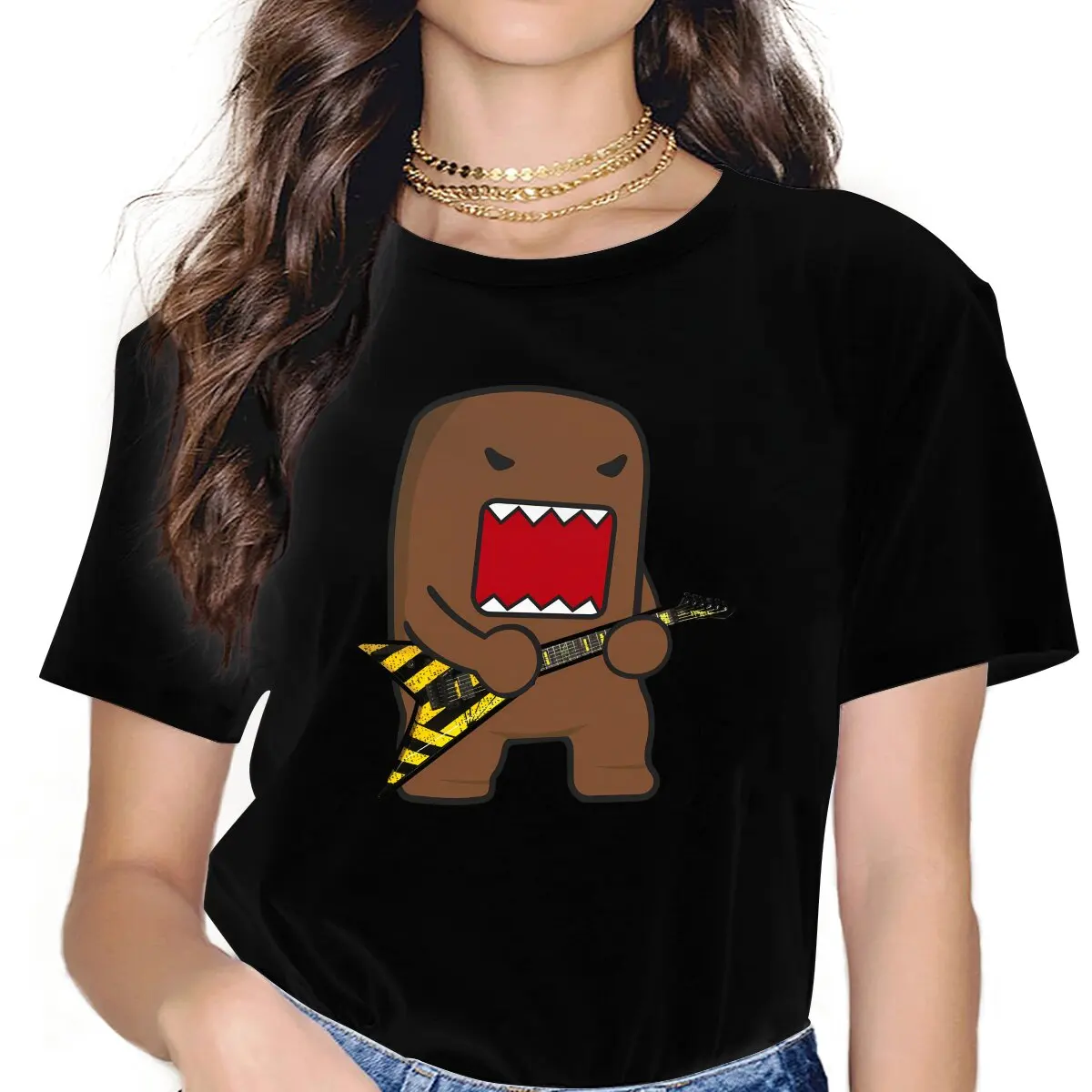 Anime Domo Kun Play The Guitar T Shirt Fashion Women's Tees Summer Harajuku O-Neck Polyester TShirt