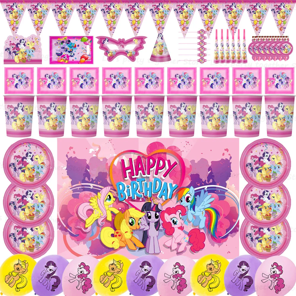 Little Ponyed Party Supplies Pink Horse Children Favors Party  Birthday Decoration Anime Figures Paper Plate Ballon Sets Wedding