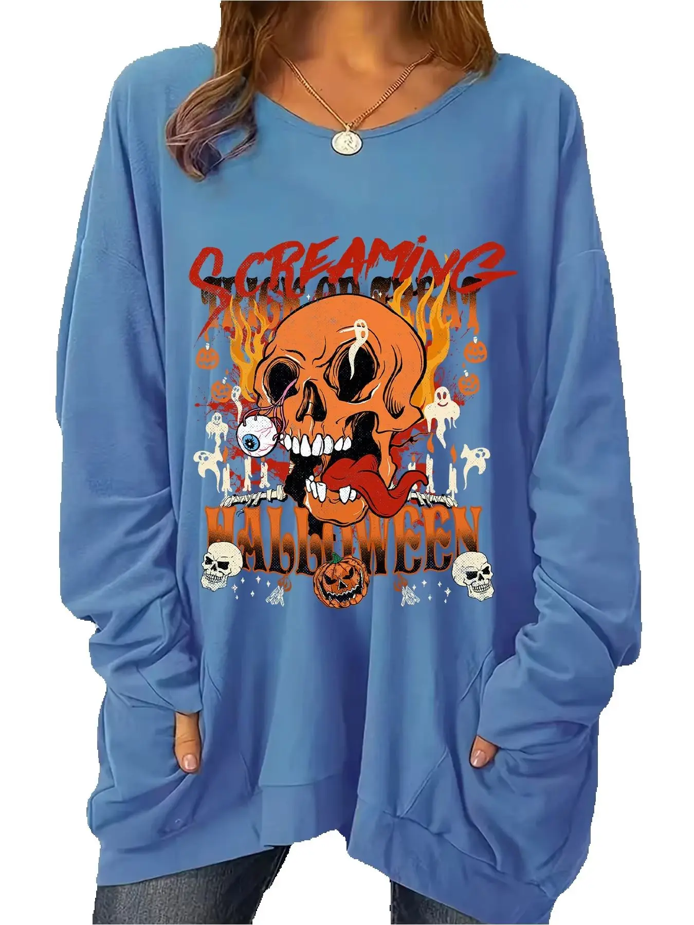 Fashionable plus size long sleeved round neck women's clothing, personalized and quirky skull flame print loose hoodie view 6