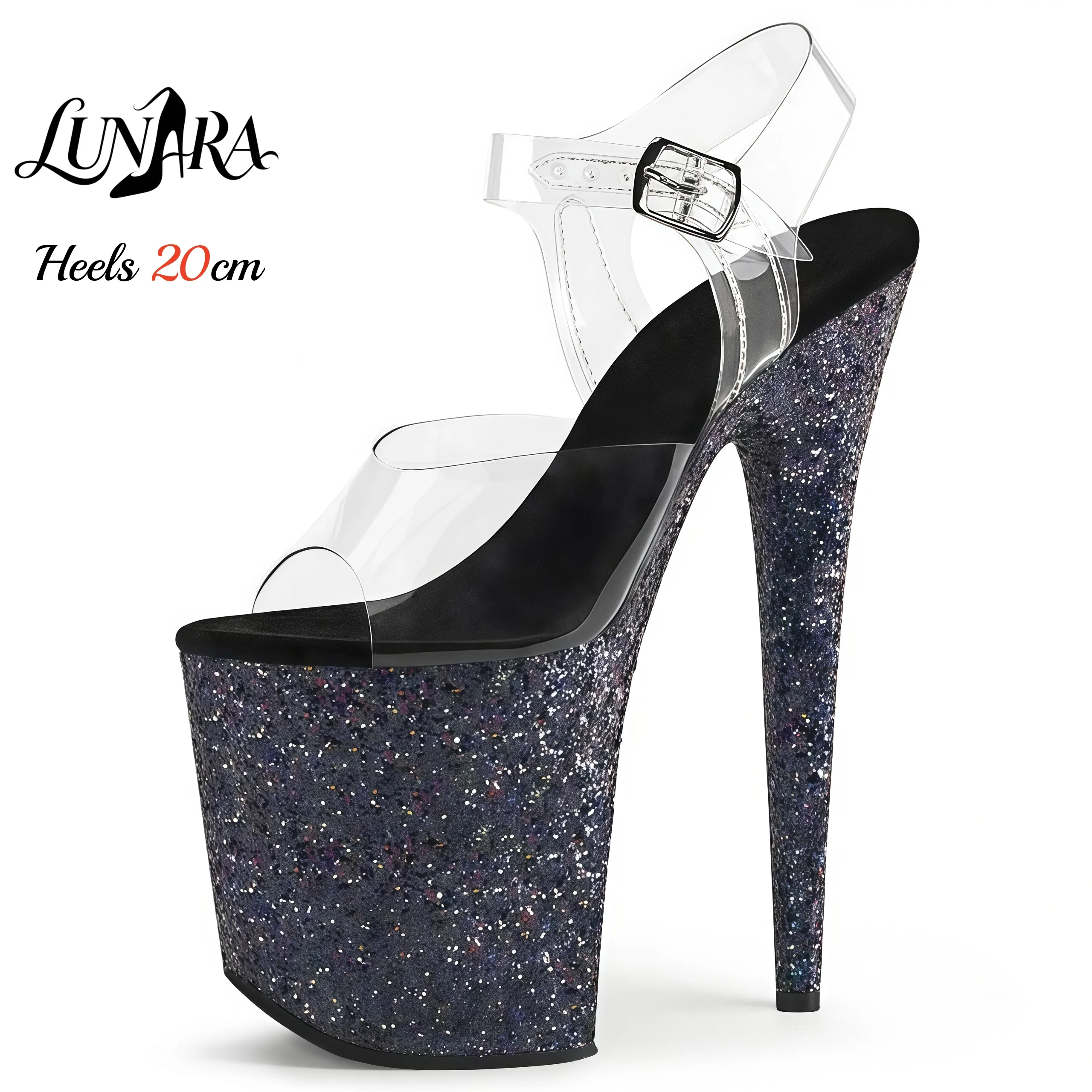 

Women's Sexy High Heel Stiletto 20cm Platform Bright Black Glitter Buckle Clear Heels Transparent Pole Dance Sandals Shoes