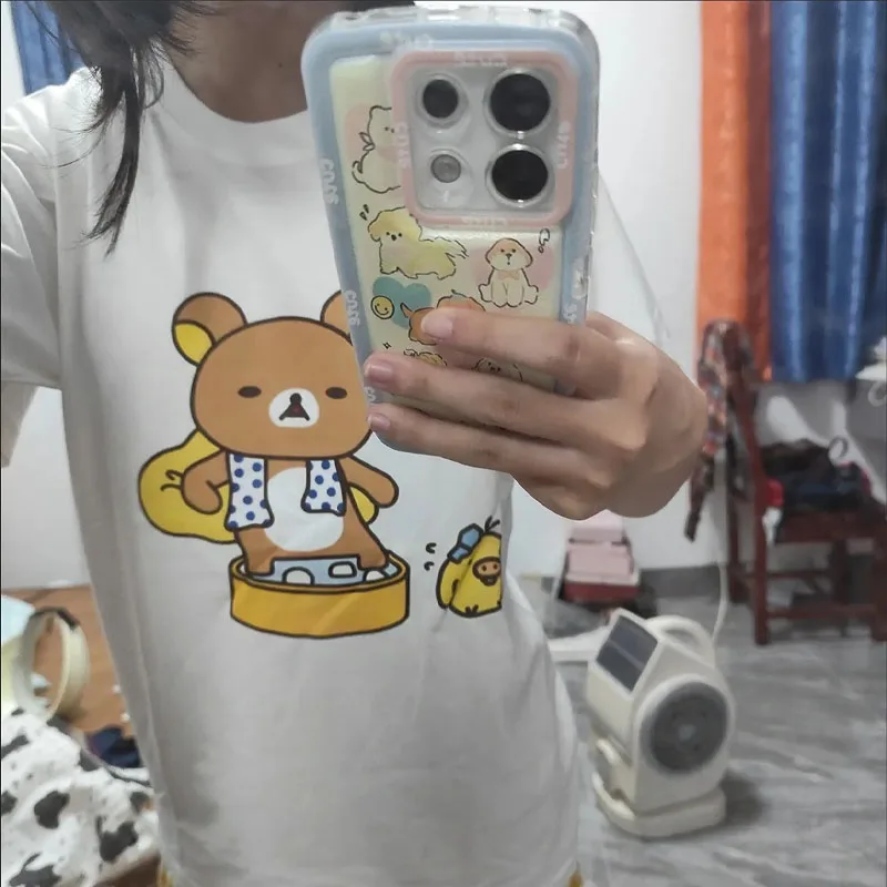 Kawaii милая футболка Rilakkuma, новый белый женский топ из чистого хлопка с короткими рукавами и принтом, подарки для подруги