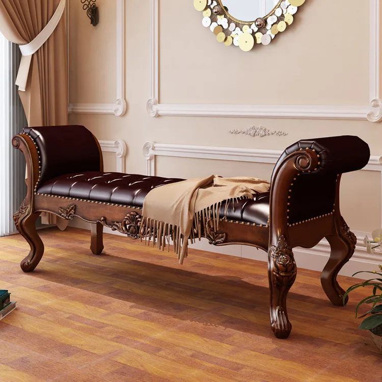 All solid wood bedside stool leather bench foyer shoe changing stool European bedroom bed with armrest