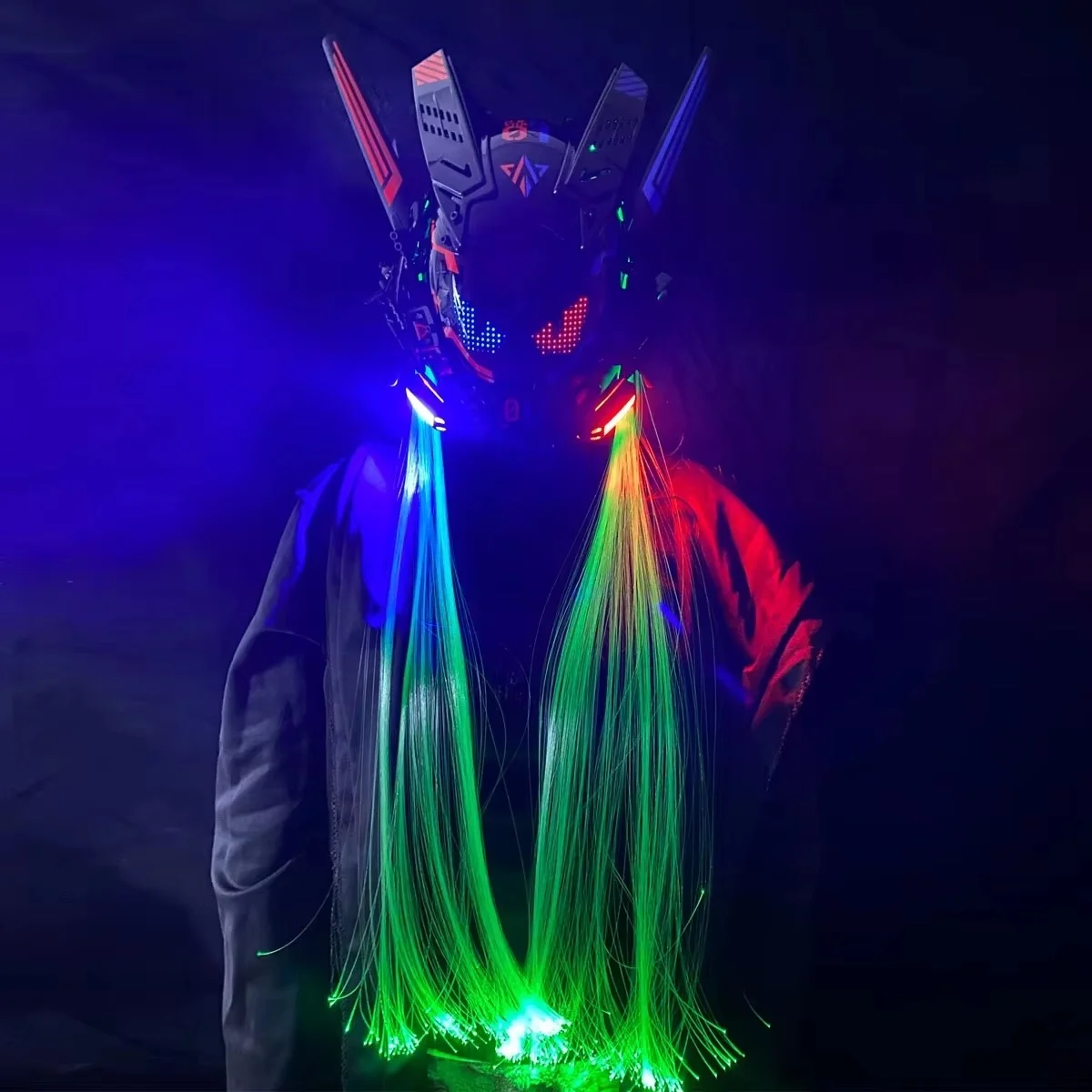 Cyber Punk Mask Cosplay Costumes Sci-Fi Mech Warrior With LED Screen And Glowing Braid Halloween Party Coser Props Adult Gift