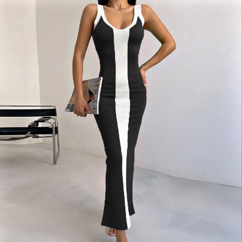 

Women Fashion Contrast Stripe Dress Casual V Neck Sleeveless Long Dresses 2023 Summer Female Chic Backless Knit Maxi Vestidos