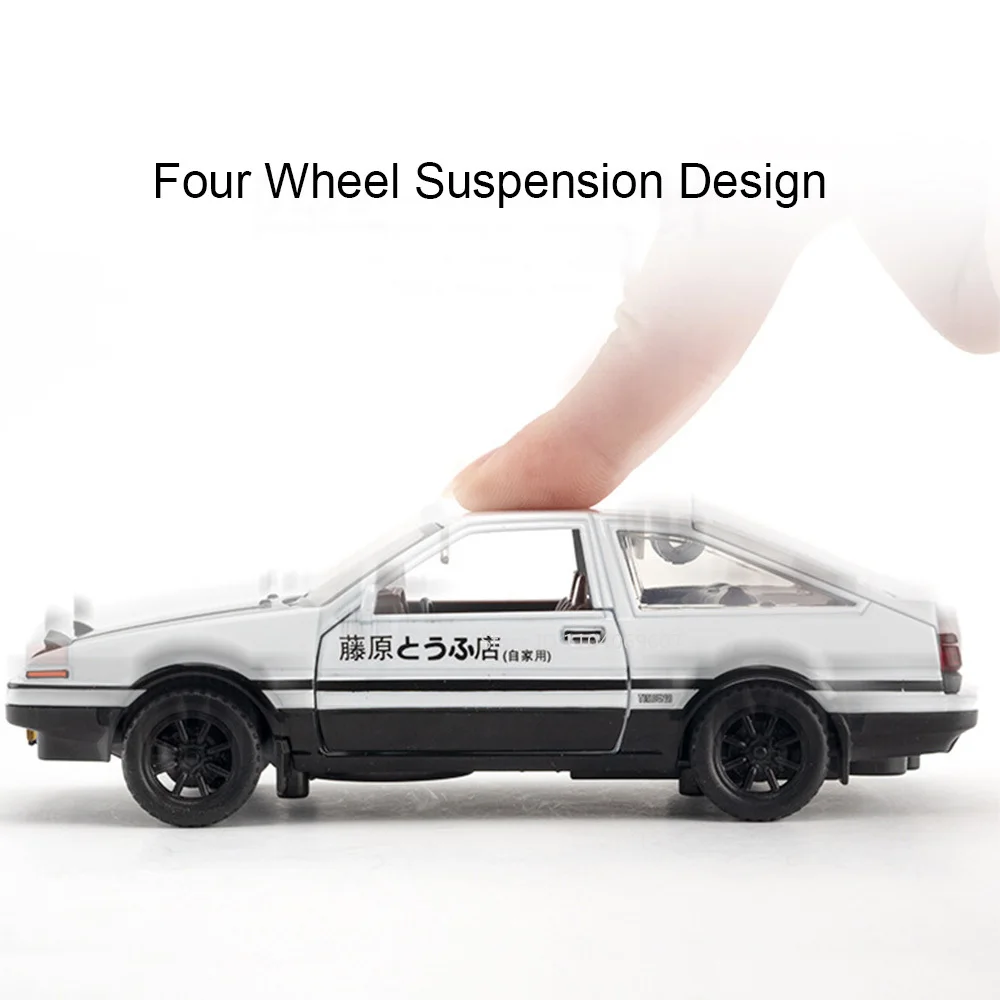 1:30 AE86 Modelli di auto giocattolo vintage Pressofuso in metallo Auto in miniatura 4 porte aperte Suono Luce Tirare indietro Veicoli di simulazione Regali per bambini