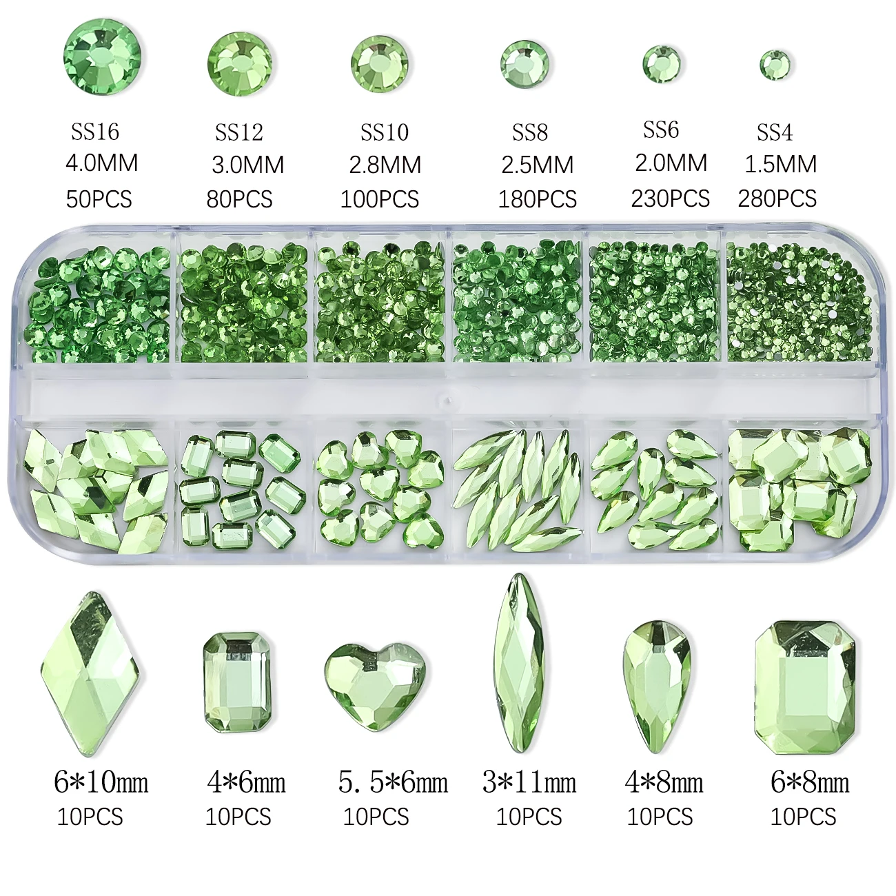 Strass 3D AB en cristal vert pour les ongles DIY, décorations en verre, diamant, gemme, paillettes, charbon, 12 grilles