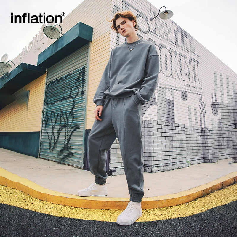 INFLATION Solid Heavyweight French Terry Sweatshirt Set Couple Jogging Suit Organic Cotton Unisex Trucksuits