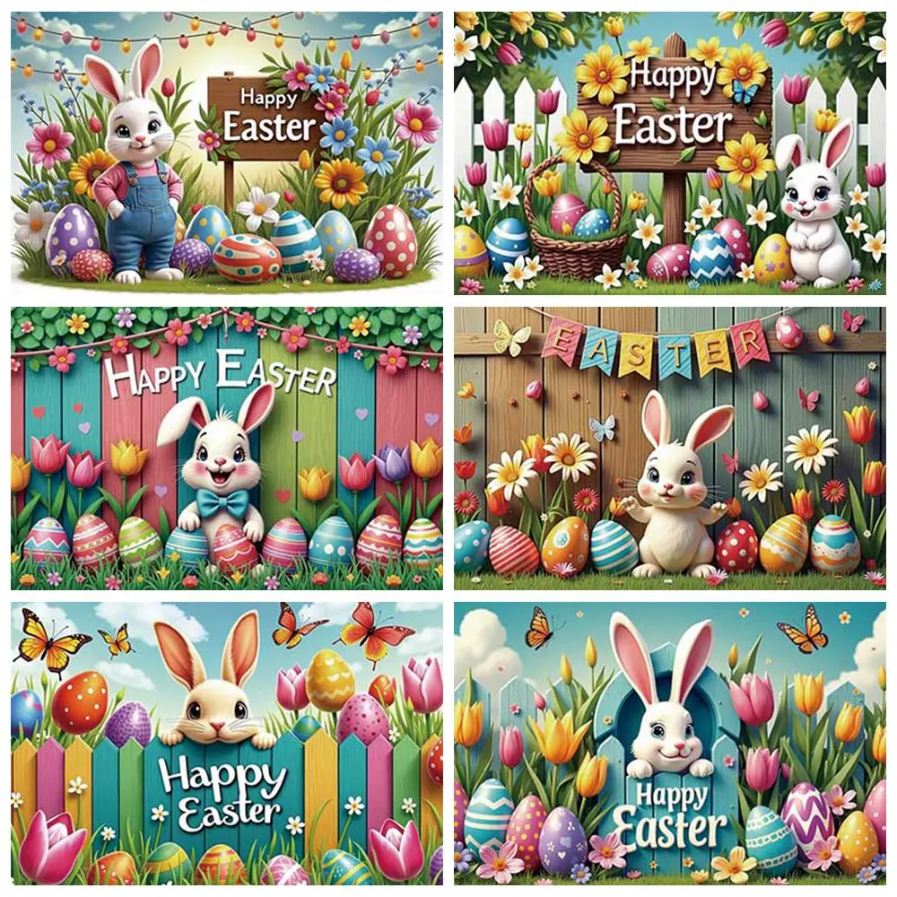 

MOON.QG 2025 Happy Easter Wood Banner Poster Backdrop Garden Fence Rabbit Bunny Eggs Flowers Background Home Party Decorations