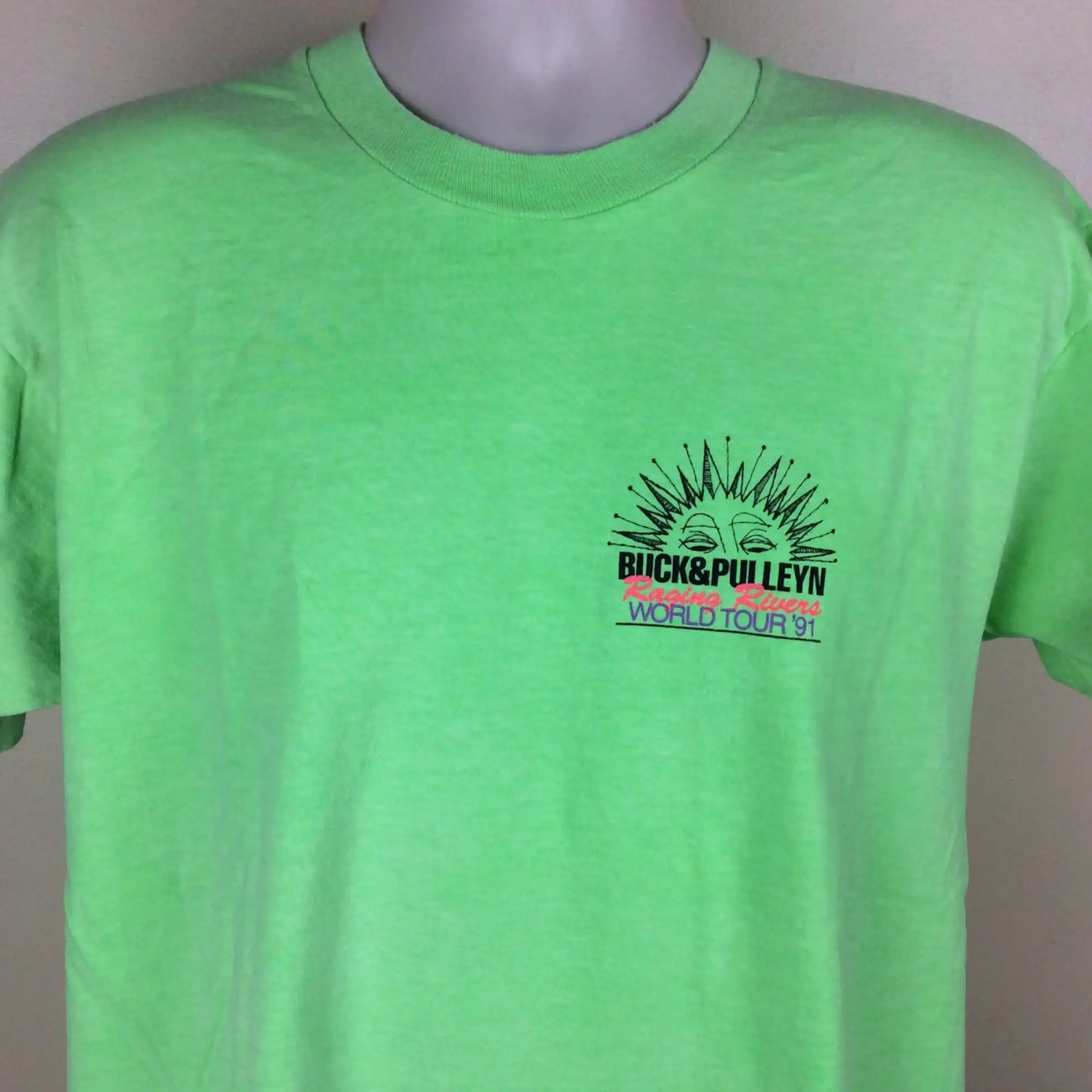 Vtg 1991 Buck & Pulleyn Raging Rivers World Tour ‘91 TShirt Bright Green L/XL 90s Rochester NY