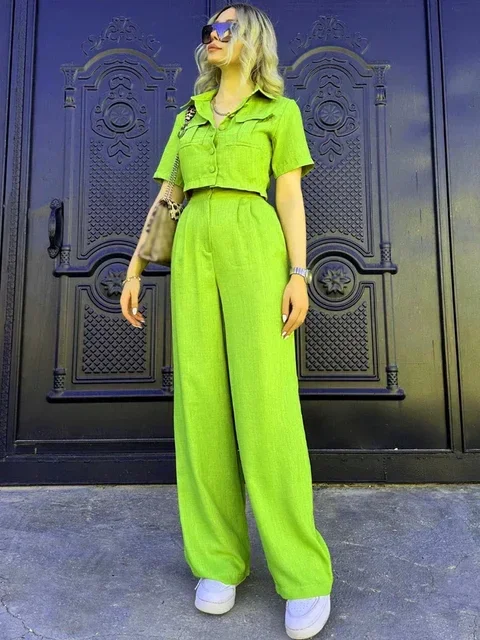 

New Office Suits for Women 2024 Spring Summer Wide Leg Trousers Home Suits Two Piece Set with Short Shirt Slim Women's Tracksuit