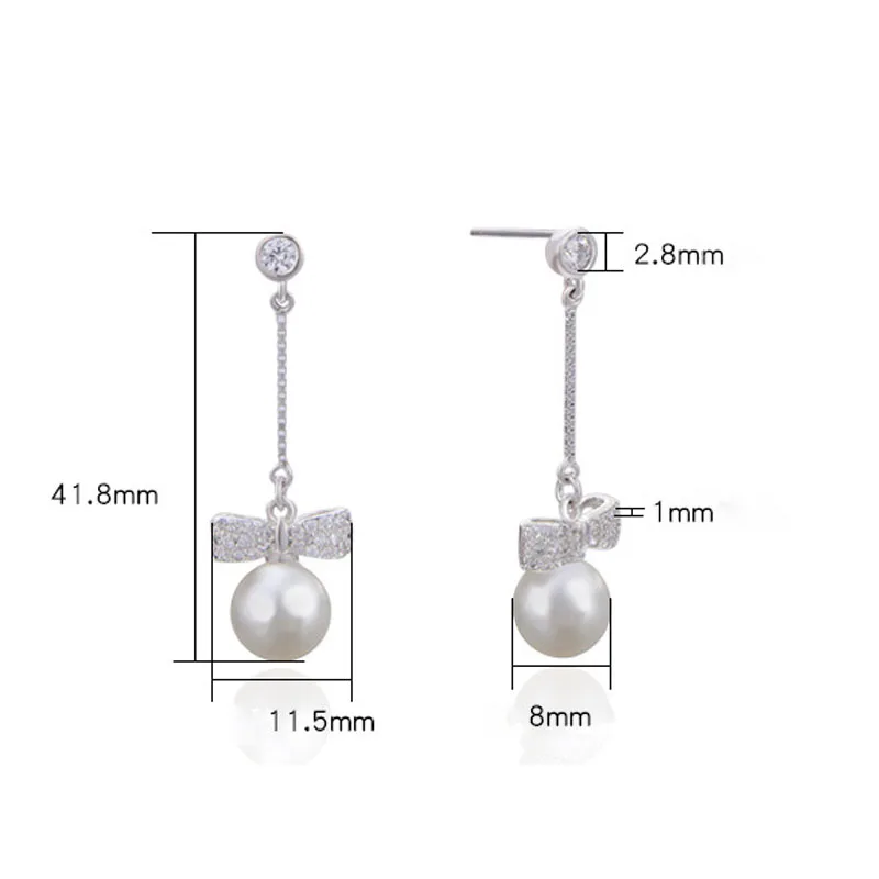 MADALENA SARARA  AAA 8mm Freshwater Pearl Women Dangle Earrings S925 Sterling Silver Bow Simple Pop Earrings