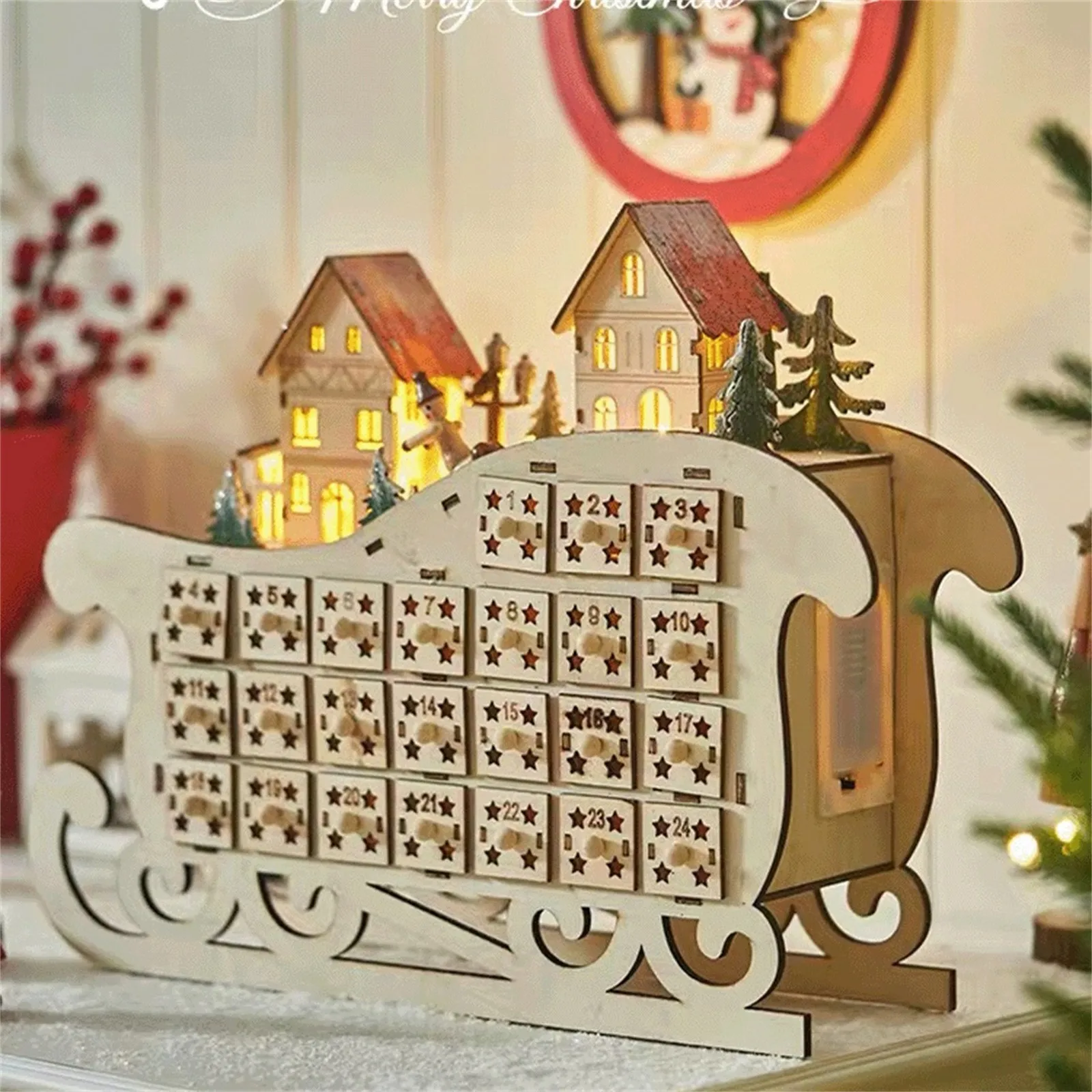 Wooden 24 Days Countdown Calendar Christmas Calendar Ornament Creative Home Sled Calendar Wooden Led Christmas Decor Pendant