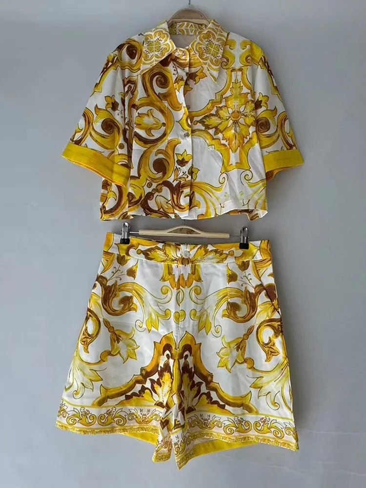 

2025 Summer Women's Retro Geometric Printed Collar Short Loose Shirt Two Piece Set+High Waist Wide Leg Shorts Fashion Set