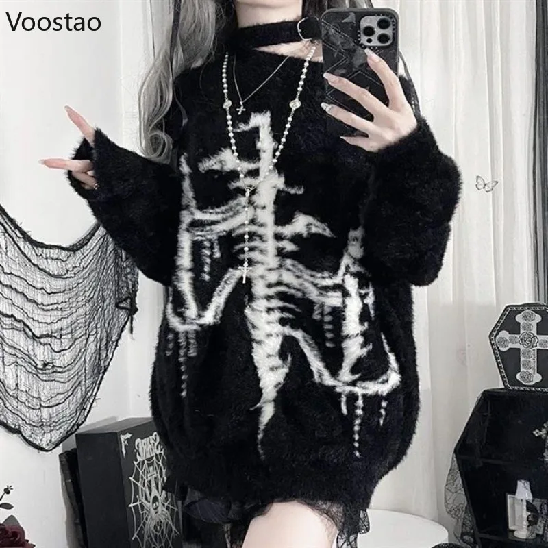 

Осень-зима Y2k субкультурные вязаные пуловеры в стиле панк женские готические темные свободные свитера с косым воротником винтажный повседневный трикотаж топ