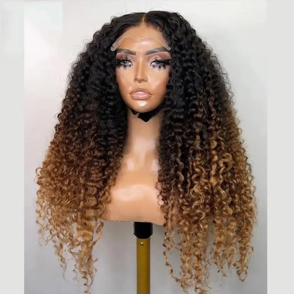 

Soft 26Inch Long Ombre Brown Kinky Curly 180Density Glueless Deep Lace Front Wig For Women With Baby Hair Preplucked Daily