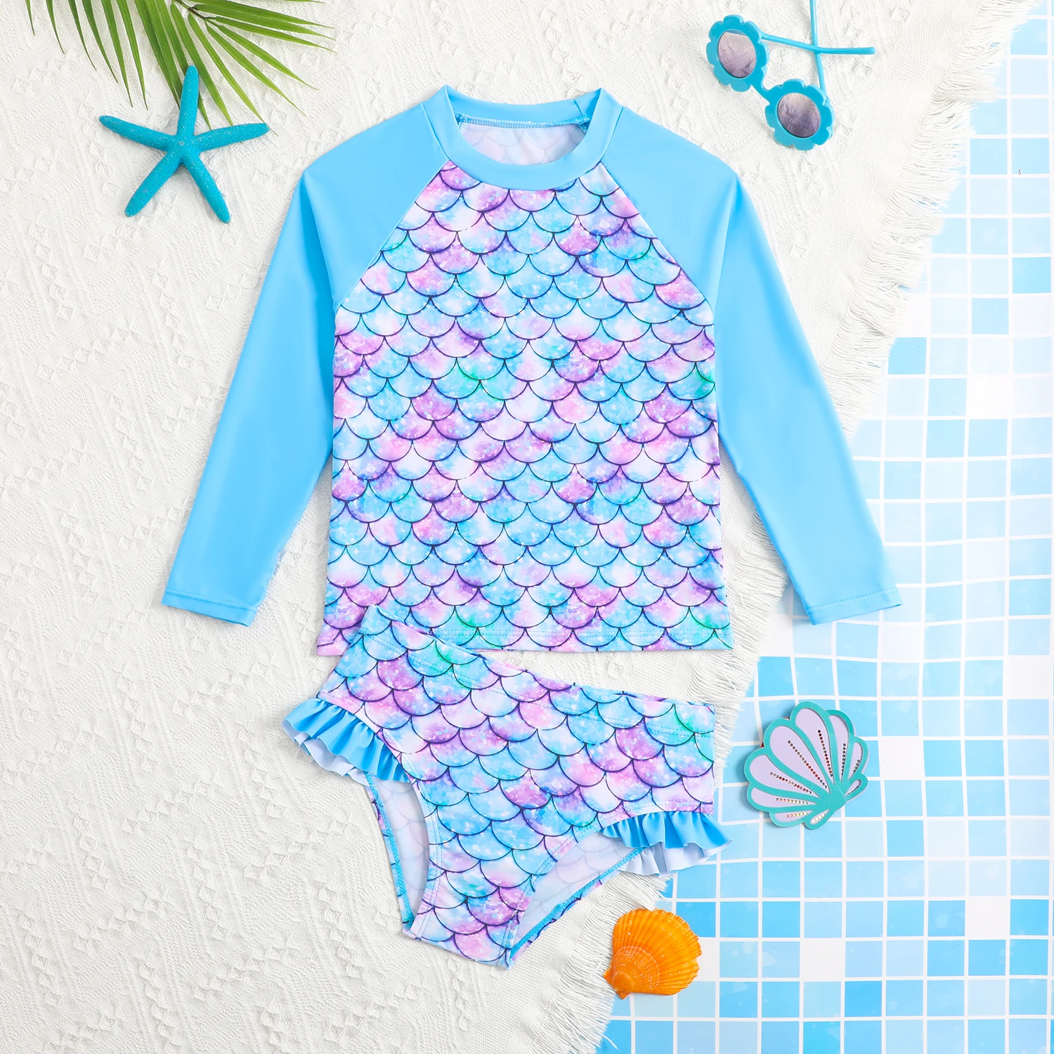 

Trendy Toddler Kids Mermaid Scale Swimwear Girls Long Sleeve Rash Guard 2Piece Set Ruffle Bottoms Toddler Beach Bathing Suit3-8Y