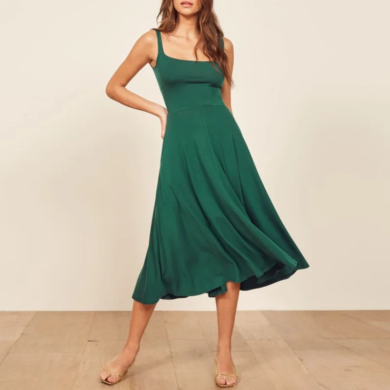 

Spot GoodsN025Dark Green Knitted Vest DressUSquare Neckline2025Summer Women's Dress