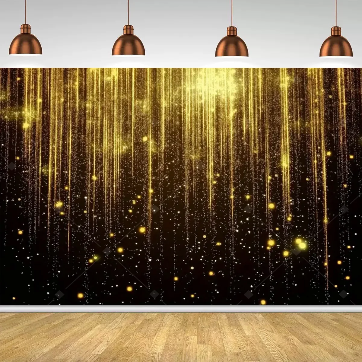 Schwarzgoldene schimmernde Bühnendekoration, sternförmiger schimmernder goldener Polka-Dot-Banner, geeignet für Geburtstags- und Hochzeitsfeiern. – Detail 5