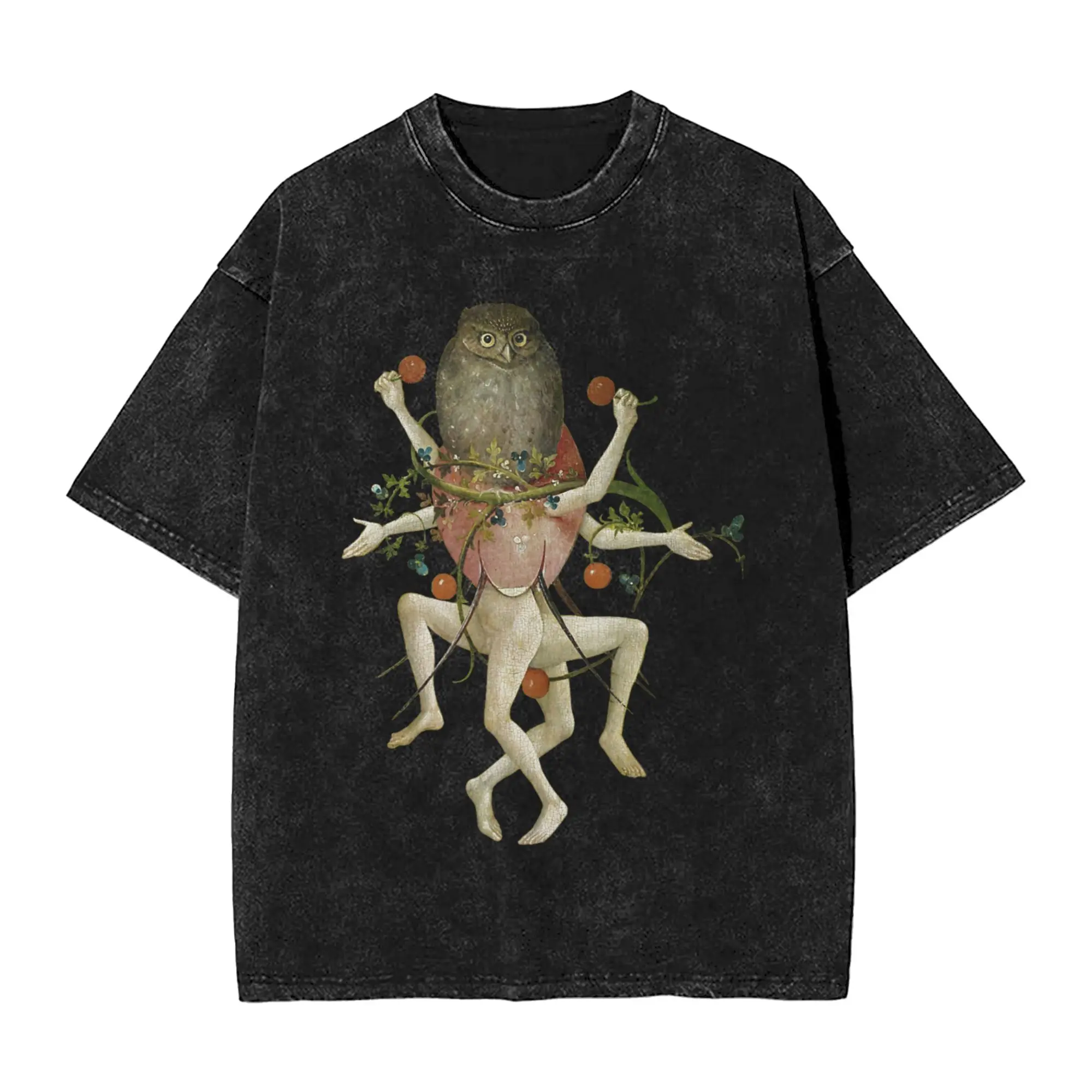 Men Hieronymus Bosch The Garden of Earthly Delights Owl T Shirts  Top Tees Summer Vintage Short Sleeves T Shirt O Neck Tshirt