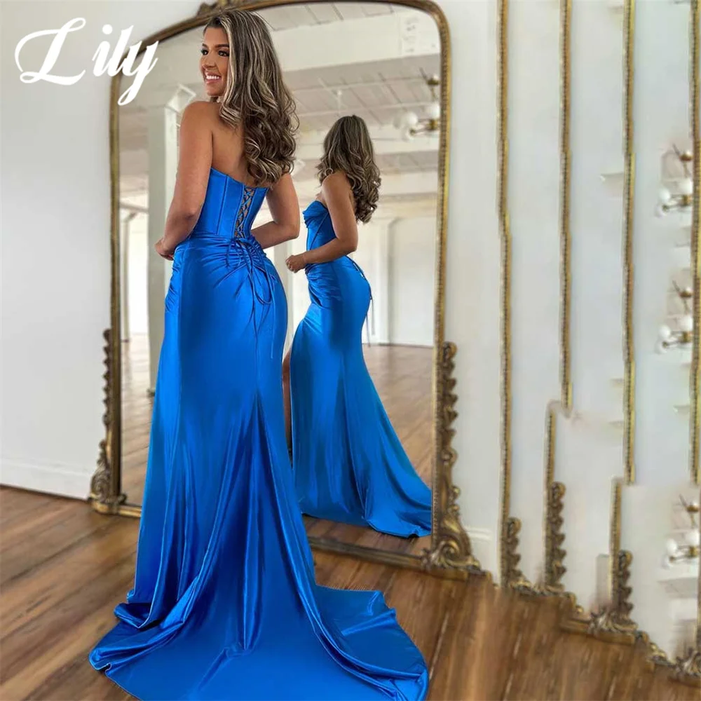 Lily Blue Chic Woman Evening Dress Gown Mermaid Sleeveless Split Sweetheart Night Dress Gown with Pleats Satin robes de soirée