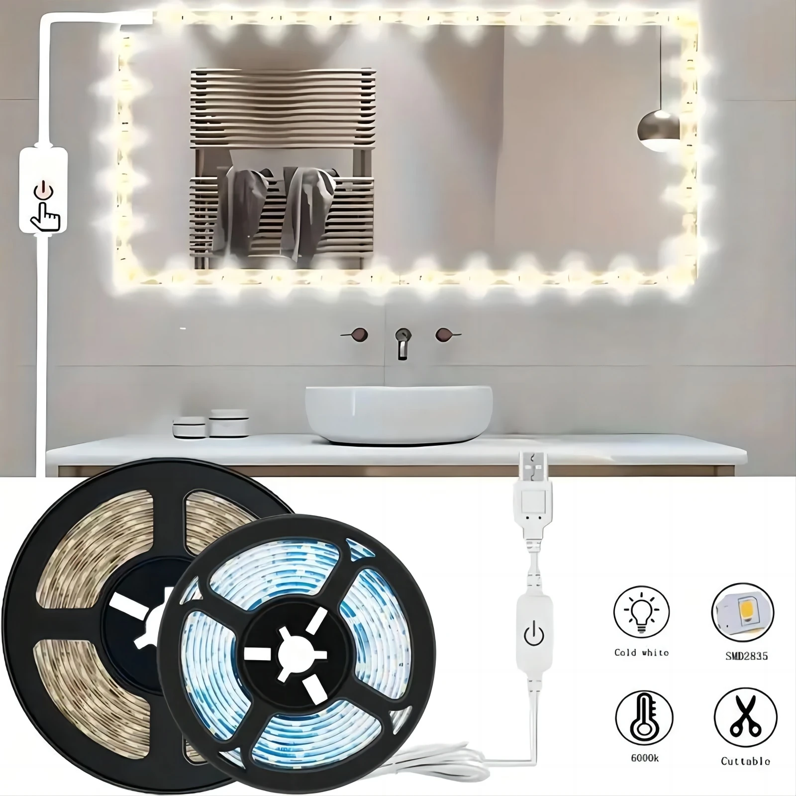 Bande lumineuse LED à intensité variable avec interrupteur à capteur tactile, ruban lumineux flexible USB, éclairage décoratif pour miroir, armoire, escalier, 5V, 2835