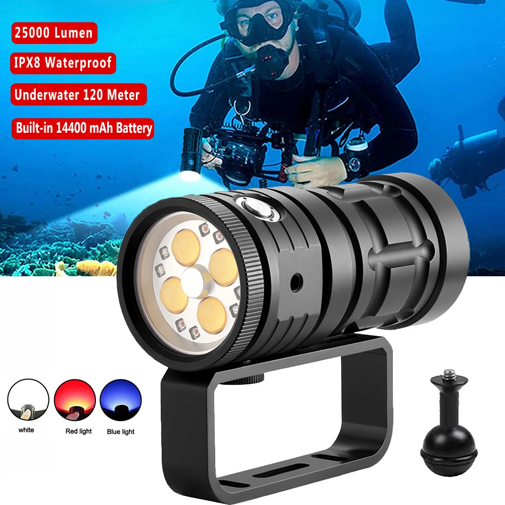 

25000LM Diving Flashlight IPX8 Waterproof LED Scuba Dive Torch Red/Blue/White Light 120M Underwater Photography Lamp